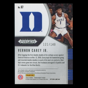 Vernon Carey Jr. RC 2020-21 Prizm Draft Picks Purple Ice Blue Devils | Hornets 121/149