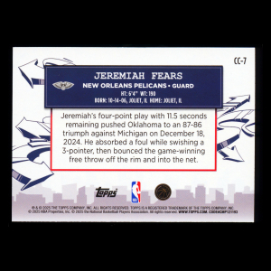 Jeremiah Fears RC 2025-26 Topps Clutch City Prospects Rookie Pelicans