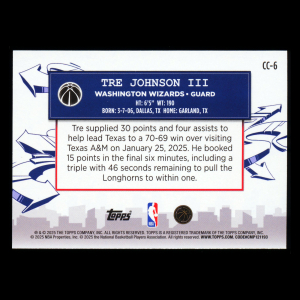 Tre Johnson III RC 2025-26 Topps Clutch City Prospects Rookie Wizards