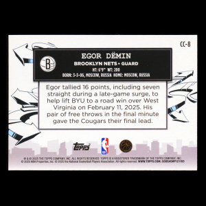 Egor Demin RC 2025-26 Topps Clutch City Prospects Rookie Nets