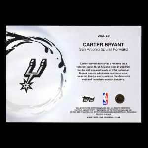 Carter Bryant RC 2025-26 Topps Generation Now Rookie Spurs