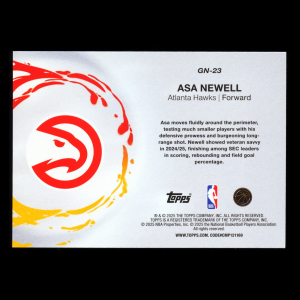 Asa Newell RC 2025-26 Topps Generation Now Rookie Hawks