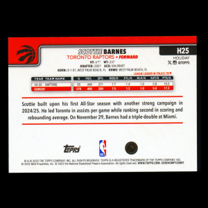 Scottie Barnes 2025-26 Topps Holiday Purple Glitter Holiday Raptors 86/99