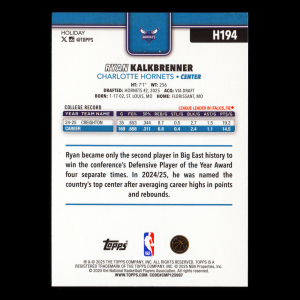 Ryan Kalkbrenner RC 2025-26 Topps Holiday Rookie Hornets