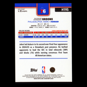 Johni Broome RC 2025-26 Topps Holiday Rookie 76ers
