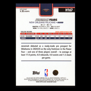 Jeremiah Fears RC 2025-26 Topps Holiday Rookie Pelicans
