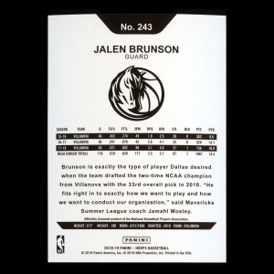 Jalen Brunson RC 2018-19 Panini NBA Hoops Rookie Mavericks