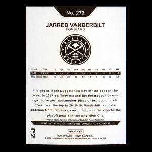 Jarred Vanderbilt RC 2018-19 Panini NBA Hoops Rookie Nuggets