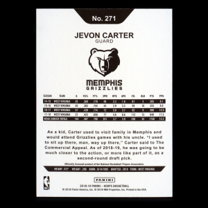 Jevon Carter RC 2018-19 Panini NBA Hoops Rookie Grizzlies