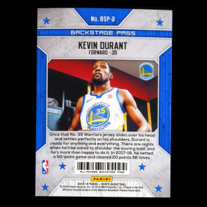 Kevin Durant 2018-19 Hoops Backstage Pass Warriors