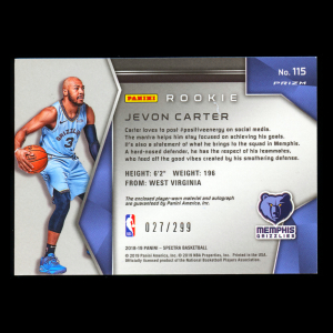 Jevon Carter RC 2018-19 Spectra JSY Auto Rookie Grizzlies 027/299