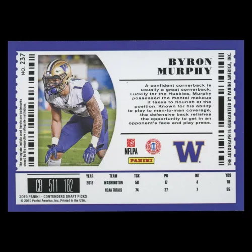 Byron Murphy RC 2019 Contenders Draft Picks Rookie Blue Foil Huskies/Cardinals