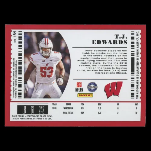 T.J. Edwards RC 2019 Contenders Draft Picks Rookie Auto Badgers/Eagles