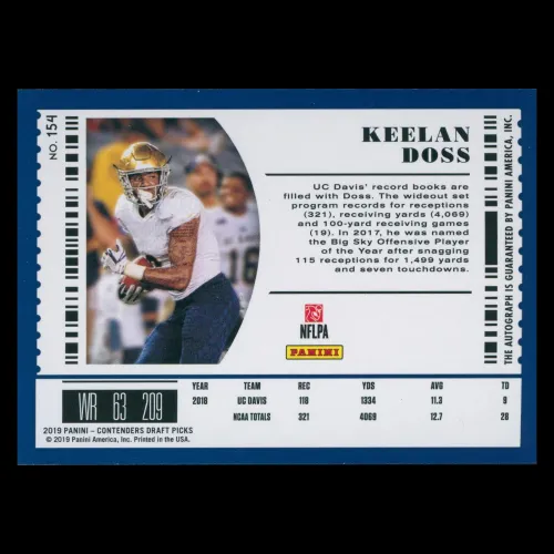 Keelan Doss RC 2019 Contenders Draft Picks Rookie Raiders