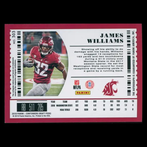 James Williams RC 2019 Contenders Draft Picks Rookie Cougars