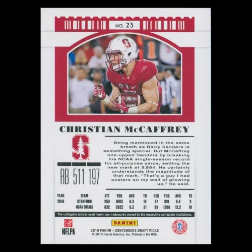 Christian McCaffrey 2019 Contenders Draft Picks Blue Foil Cardinal/Panthers