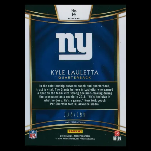 Kyle Lauletta RC 2018 Select Rookie Tri-Color Giants 114/199