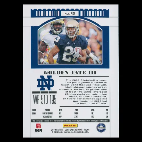 Golden Tate III 2019 Contenders Draft Picks Blue Foil Fighting Irish/Giants