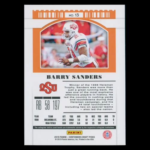 Barry Sanders 2019 Contenders Draft Picks Blue Foil Cowboys/Lions