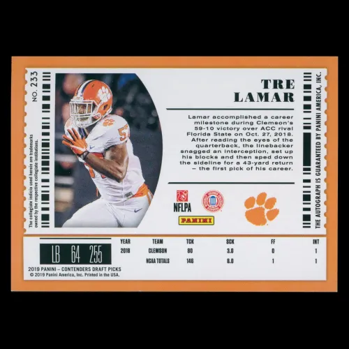 Tre Lamar RC 2019 Contenders Draft Picks Rookie Tigers