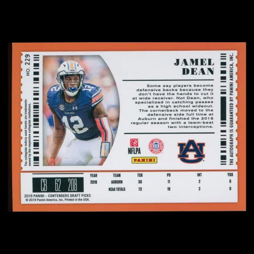 Jamel Dean RC 2019 Contenders Draft Picks Blue Foil Rookie Auto Buccaneers