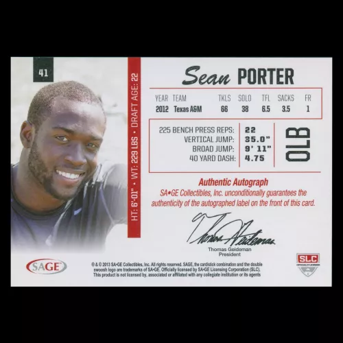 Sean Porter RC 2013 HIT Rookie Red Auto Aggies