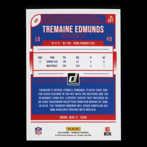 Tremaine Edmunds RC 2018 Donruss Rookie Bills