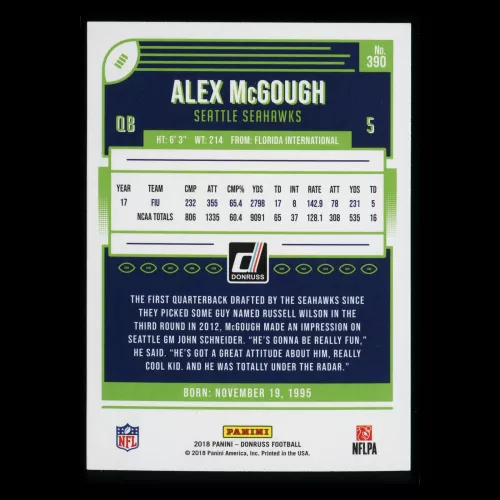 Alex McGough RC 2018 Donruss Rookie Seahawks
