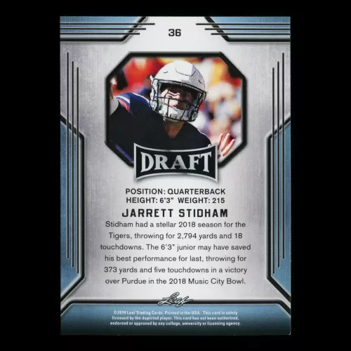 Jarrett Stidham 2019 Leaf Draft Gold Tigers/Patriots