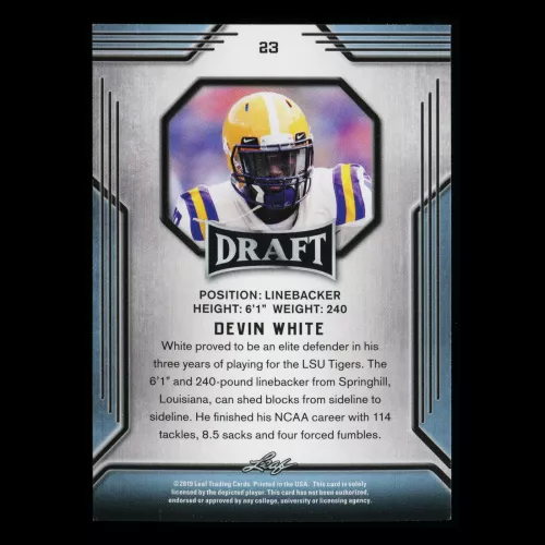 Devin White 2019 Leaf Draft Gold Tigers/Buccaneers