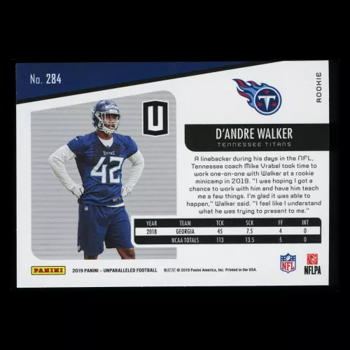 D'Andre Walker RC 2019 Unparalleled Rookie Titans