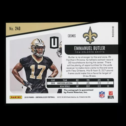 Emmanuel Butler RC 2019 Unparalleled Cosmos Rookie Auto Saints