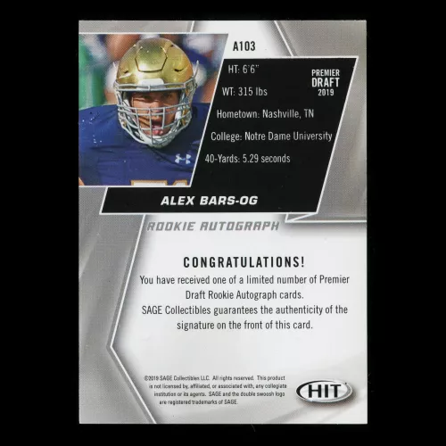 Alex Bars RC 2019 HIT Rookie Auto Fighting Irish