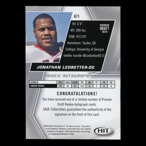 Jonathan Ledbetter RC 2019 HIT Rookie Red Auto Bulldogs