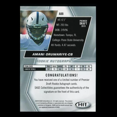 Amani Oruwariye RC 2019 HIT Rookie Red Auto Nittany Lions