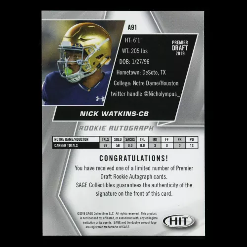 Nick Watkins RC 2019 HIT Rookie Auto Fighting Irish