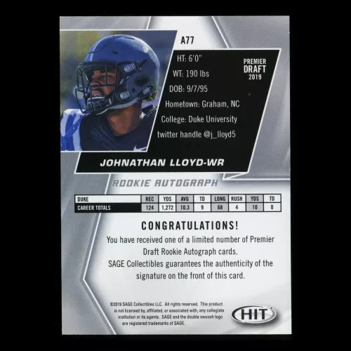 Johnathan Lloyd RC 2019 HIT Rookie Red Auto Blue Devils