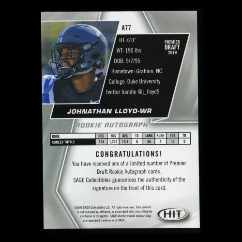 Johnathan Lloyd RC 2019 HIT Rookie Auto Blue Devils