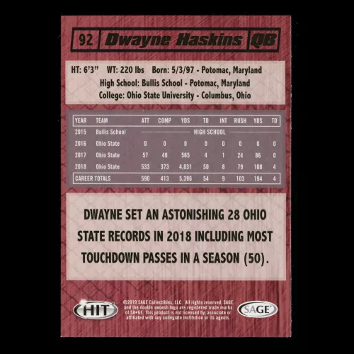 Dwayne Haskins 2019 HIT Premier Draft Rookie Blue Buckeyes/Redskins