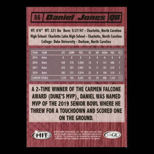 Daniel Jones 2019 HIT Premier Draft Rookie Blue Devils/Giants