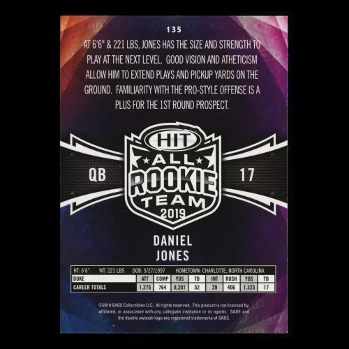 Daniel Jones 2019 HIT All Rookie Team Duke/Giants