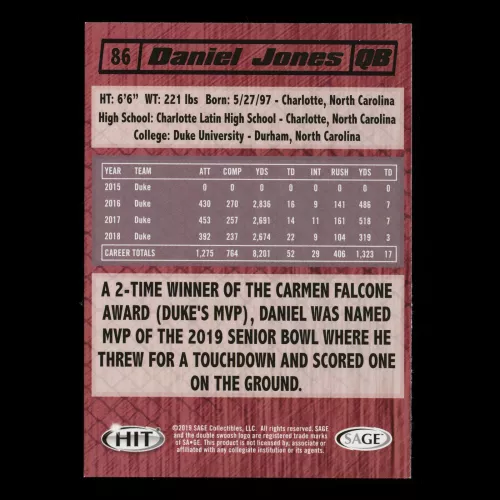 Daniel Jones 2019 HIT Premier Draft Rookie Blue Devils/Giants