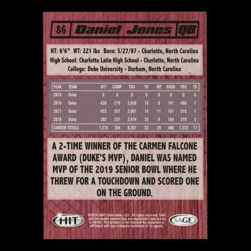 Daniel Jones 2019 HIT Premier Draft Rookie Blue Devils/Giants