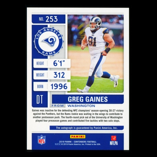 Greg Gaines RC 2019 Contender Playoff Ticket Rookie Auto Rams 90/99