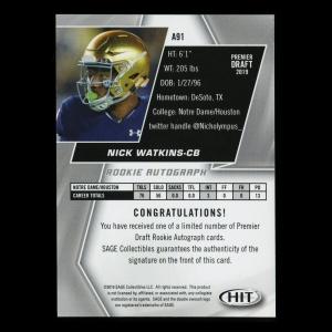 Nick Watkins RC 2019 HIT Rookie Auto Fighting Irish